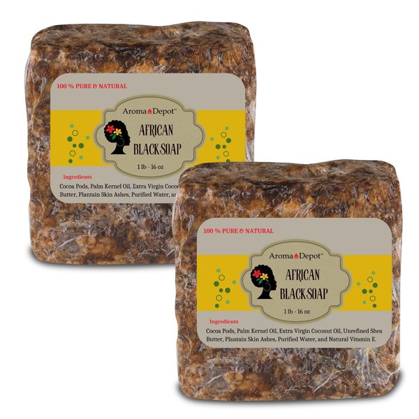 Aroma Depot Raw African Black Soap 2 lbs. 100% Raw Natural soap for Acne, Eczema, Psoriasis, Scar Removal Face And Body Wash. Handmade 2-Pack
