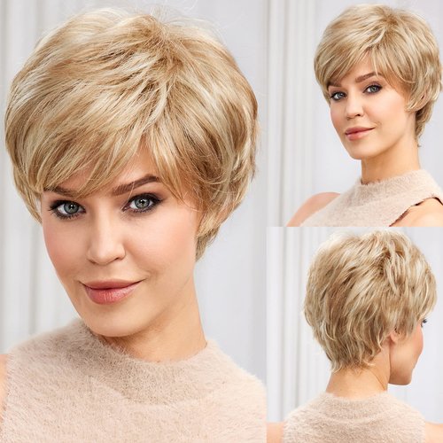 EMMOR Short Wigs for Women Memory Fiber Simulated Human Hair Pixie Curly Wig With Bang,Natural Daily Use Hair(Color 27/613# Mixed Blonde)