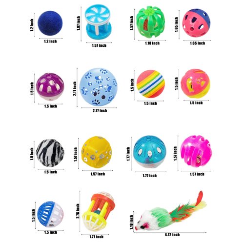 HEUHAI Cat Toys for Indoor Cats - 15 Pcs Kitten Toys Set - Includes 8 Bell Balls - 1 Catnip Mouse - 6 Plush Balls - Colorful and Safe - Pet Playset for Interactive Fun and Exercise