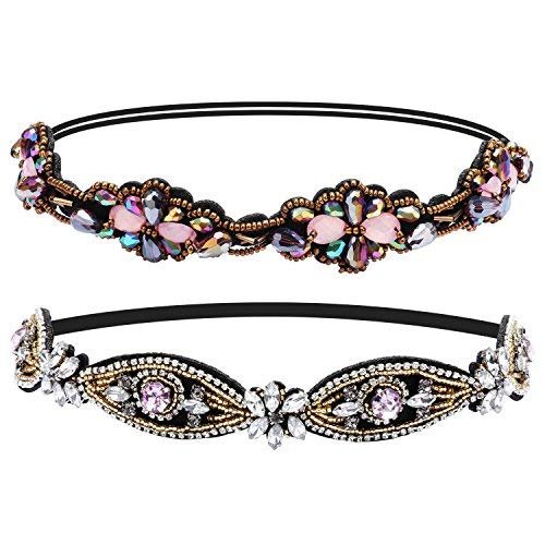 Amariver 2 Pieces Rhinestone Beaded Elastic Headband，Fashion Headbands Handmade Hair Bands Hair Accessories for Lady Woman 20-25" Fits for Most