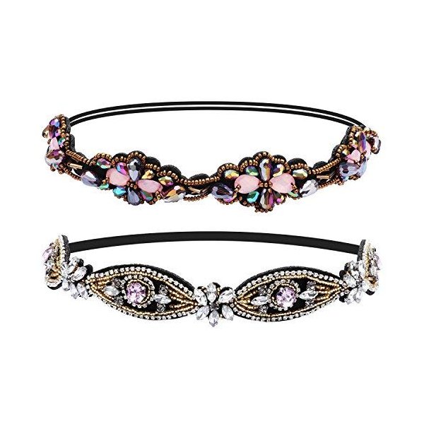 Amariver 2 Pieces Rhinestone Beaded Elastic Headband，Fashion Headbands Handmade Hair Bands Hair Accessories for Lady Woman 20-25" Fits for Most