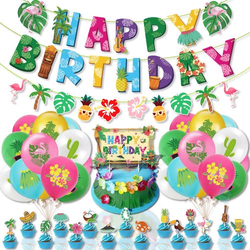 Hawaiian Birthday Party Decorations for Girls Boys Flamingo Pineapples Cactus Happy Birthday Banner Balloons Cake Cupcake Toppers for Summer Luau Hawaii Aloha Tropical Beach Theme Party Supplies