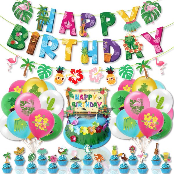 Hawaiian Birthday Party Decorations for Girls Boys Flamingo Pineapples Cactus Happy Birthday Banner Balloons Cake Cupcake Toppers for Summer Luau Hawaii Aloha Tropical Beach Theme Party Supplies