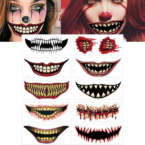 CMJSGG 10 Pcs Halloween Horror Mouth Temporary Tattoos Clown Scary Face Tattoos Prank Mouth Makeup Tattoos Stickers Big Mouth Decals for Adults Kids Halloween Party Cosplay, red black