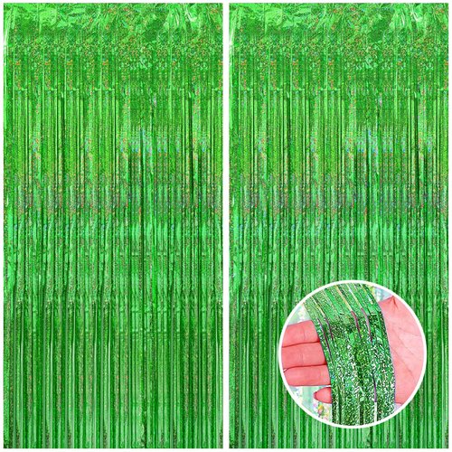 CANREVEL 2 Pack 3.3x8.2 Feet Laser Green Foil Fringe Backdrop Curtains, Tinsel Streamers Birthday Party Decorations, Fringe Backdrop for Jungle Safari Tropical Party Christmas Decorations