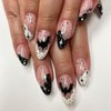 Halloween Press on Nails Medium Almond Fake Nails White&Black French Tip False Nails with Designs Bats Stars Glossy Glue on Nails Full Cover Nude Artificial Acrylic Stick on Nails for Women 24Pcs