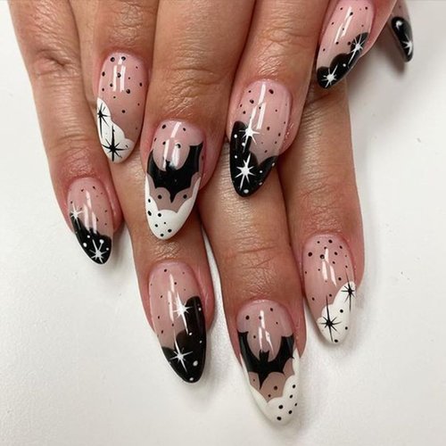 Halloween Press on Nails Medium Almond Fake Nails White&Black French Tip False Nails with Designs Bats Stars Glossy Glue on Nails Full Cover Nude Artificial Acrylic Stick on Nails for Women 24Pcs