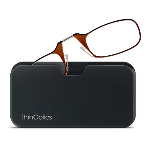ThinOptics unisex-adult Reading Glasses + Black Universal Pod Case | Brown Frames, 1.00 Strength Readers Brown Frames / Black Case, 44 mm