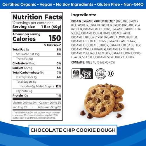 Orgain Organic Vegan Protein Bars, Chocolate Chip Cookie Dough - 10g Plant Based Protein, Gluten Free Snack Bar, Low Sugar, Dairy Free, Soy Free, Lactose Free, Non GMO, 1.41 Oz (12 Count)