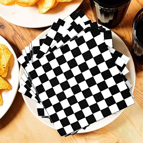 60Pcs Race Car Black and White Checkered Party Supplies Racing Tableware Set 7"Black and White Checkered Plates and Checkered Flag Napkins Fork for Race Car Themed Birthday Party Decorations(Serve 20)