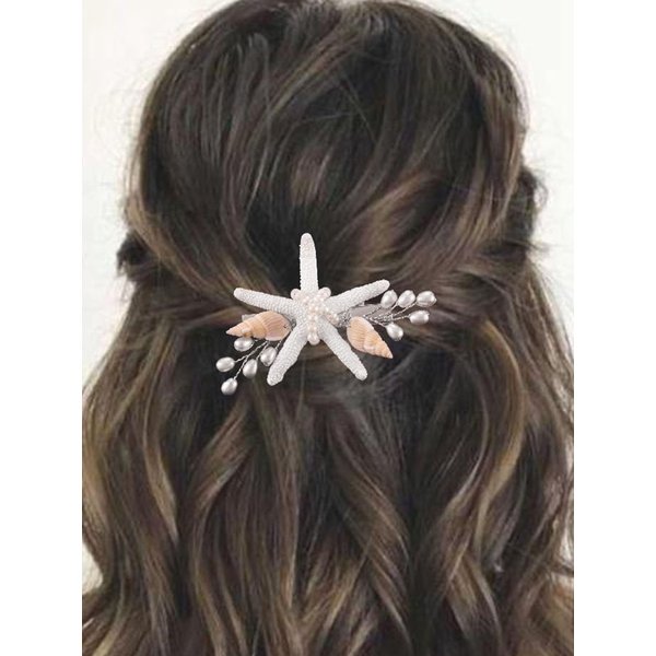 Yean Starfish Wedding Hair Clip Silver Beach Bridal Hair Accessories Pearl SeaShell Hair Piece for Women and Girls