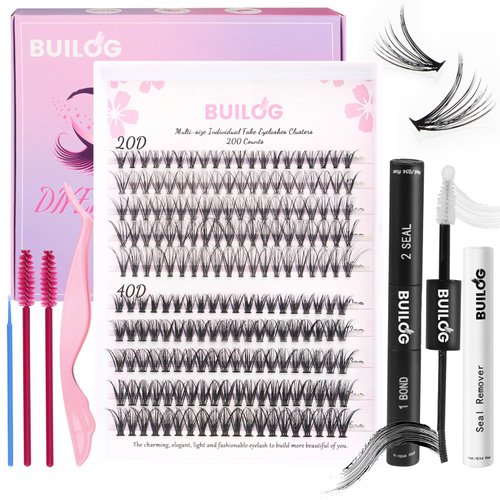 BUILOG DIY Lash Extension Kit,200pcs D Curl Lash Clusters Mix KIT 20D 40D 10-16mm Individual Eyelash Extension with Bond and Seal Glue, Eyelash Remover Lash Applicator Tool (D Curl 10-16mm)