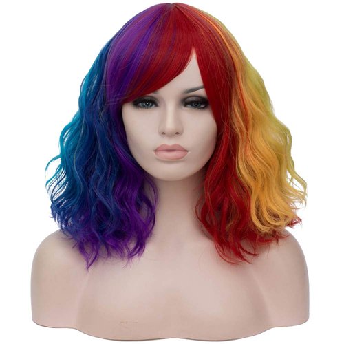 BERON 14 Inches Multi Color Wig Women’s Rainbow Curly Wig with Bangs Colorful Wig for Women Halloween Cosplay Wig for Daily Use Synthetic Wigs (Multi-color)
