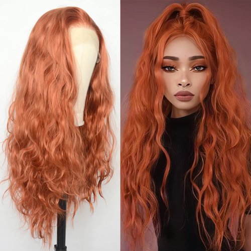 Luwigs 360 Copper Red Natural Wavy Lace Front Wigs Synthetic Loose Body Wave Ginger Heat Fiber Hair for Women Replacement Wigs Half Hand Tied Cosplay Daily Wear 22inch (22 Inch, 13x3,Coppre Red,Wavy)