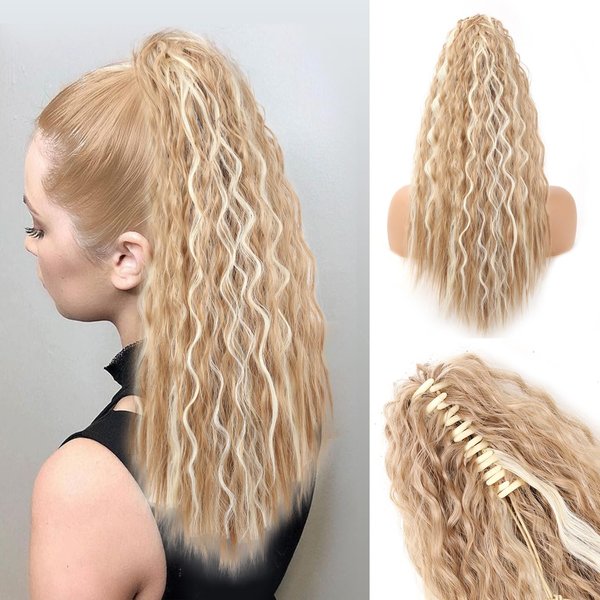 QIAORUIXIN 18" Ponytail Extension, Claw Clip in Ponytail hair Extensions for Women Long Curly Clip on Hair Ponytail Extension Synthetic Natural Drawstring fake Ponytail Hairpiece Daily(Blonde Mixed)