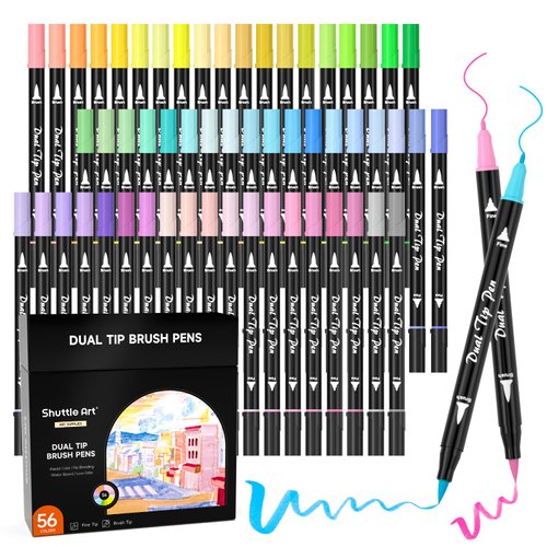Shuttle Art 56 Pastel Colors Dual Brush Pen Art Markers, Fine and Brush Tip Markers perfect for Kids Adult Artist Coloring Books Calligraphy Hand Lettering Journal Doodling Writing