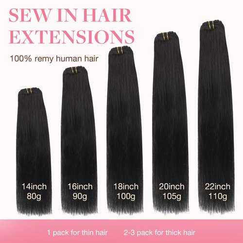 GOO GOO Sew in Hair Extensions Real Human Hair, Weft Hair Extensions Human Hair, 1B Natural black 20 Inch-105g, Weft Bundles Straight Silky Remy Hair