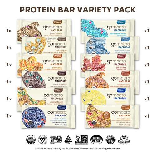 GoMacro MacroBar Organic Vegan Protein Bars - Protein Variety Pack (2.3-2.4 Ounce Bars, 12 Count)