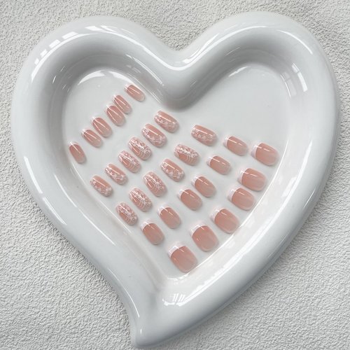 White French Tip Press on Nails Short Square Fake Nails White Flower Glue on Nails Glossy Artificial Nails Nude Pink False Nails with design Stick on Nails Acrylic Nails for Women Girls Manicure 30pcs