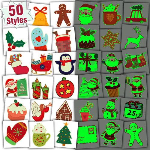 PARTYWIND Luminous Christmas Party Decorations for Kids, 50 Styles Glow Tattoos for Kids Christmas, Christmas Party Supplies Favors, Stocking Stuffers for Boys Girls (Individually Cut)