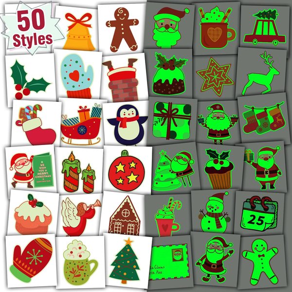 PARTYWIND Luminous Christmas Party Decorations for Kids, 50 Styles Glow Tattoos for Kids Christmas, Christmas Party Supplies Favors, Stocking Stuffers for Boys Girls (Individually Cut)