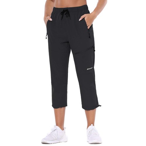 BALEAF Women's Hiking Cargo Capris Outdoor Lightweight Water Resistant Pants UPF 50 Zipper Pockets Black Size XL