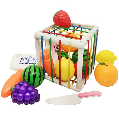 TwKueor Baby Shape Sorting Cube with Kitchen Cutting Fruit Toys, Sensory Bin with Colorful Elastic Rope for Toddlers, Babies and Kids Early Educational Montessori Learning Developmental STEM Toys