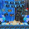 Blue Black Video Game Party Decorations Game Theme Happy Birthday Banner Hanging Swirls Balloons Garland Arch Foil Curtains Backdrops Tablecloth Kit for Kids Game Controller Birthday Supplies Decor