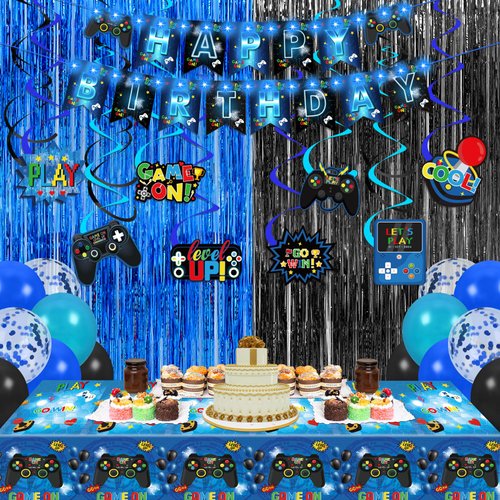 Blue Black Video Game Party Decorations Game Theme Happy Birthday Banner Hanging Swirls Balloons Garland Arch Foil Curtains Backdrops Tablecloth Kit for Kids Game Controller Birthday Supplies Decor