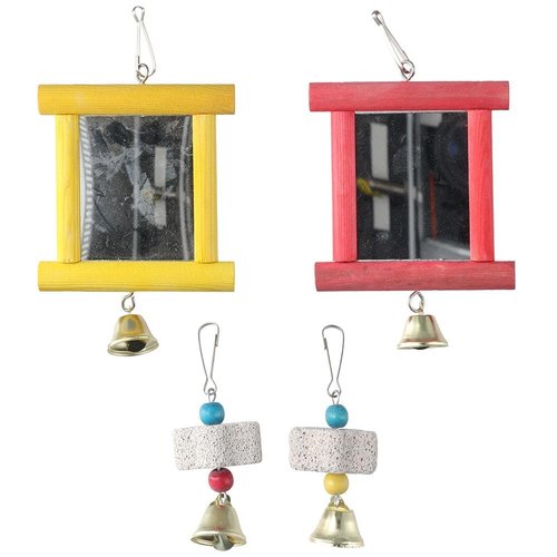 GetCoupon Parrot Colorful Mirror Teeth Grinding Stone Set, 2 Pcs Hens Hanging Swing Mirror Toys w...