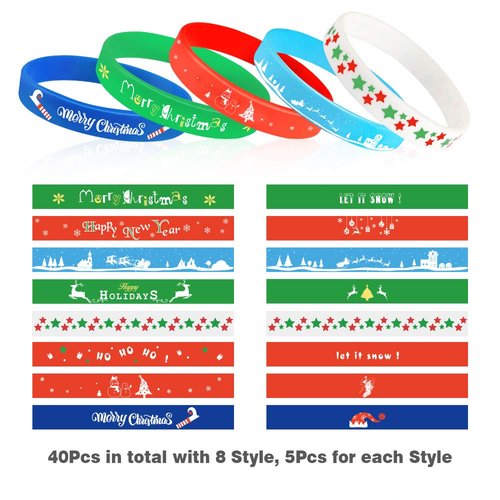Coogam 40PCS Christmas Silicone Bracelets, Xmas Rubber Wristbands Accessories Gift for Kids Adults Stocking Stuffers, New Year Holiday Decoration Wrist Band Party Supplies Favors