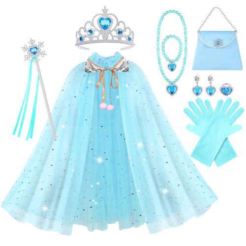 Vicloon 11PCS Princess Cape Set, Princess Dress Up Cloak With Crown, Wand, jewelry, and bag, Princess Dress Up Clothes for Little Girls, Princess Cape for 3+ Year Old Christmas Birthday Gifts(Blue)