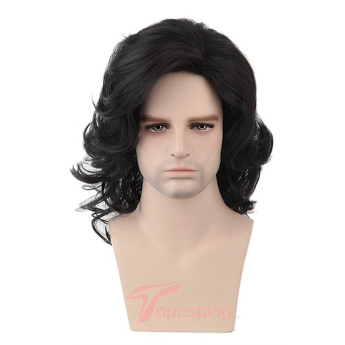 Topcosplay Men Wigs Long Black Curly Wave Layered Natural Style Halloween Costume Wig with Bangs