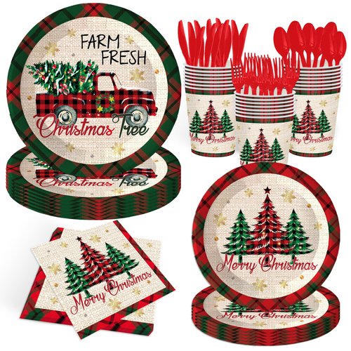 140Pcs British Plaid Christmas Party Decorations Car Christmas Tree Print Christmas Party Supplies Paper Plates and Napkins Christmas Paper Plates Winter Party Tableware Set, Serve 20 Guest