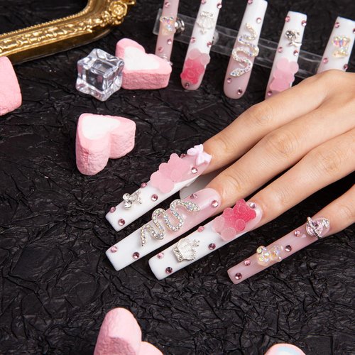 LOVFUL Press on Nails Marshmallo Gummy Bear Square | Luxury Diamond Pink Cotton Candy Nails| Pink Nails| Square Nails | 2.16in Long Square | H26(M)