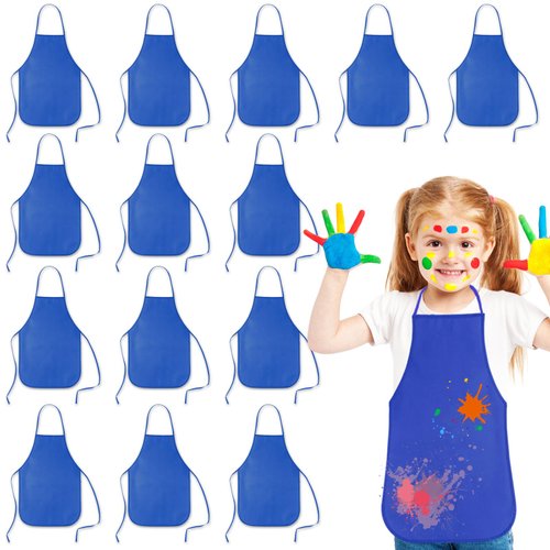 KUUQA 16Pack Kids Art Aprons Bulk Blue Children Painting Aprons Art Smocks for Craft Kitchen Clas...