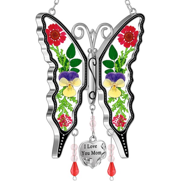 KY&BOSAM Gifts for Mom Suncatcher Butterfly Mom Gifts Mothers Day I Love You Mom Stained Glass Sun Catcher Hanging Wind Chime Ornament for Window Gift for Mother`s Day Valentine`s Birthday Christmas