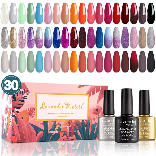 Lavender Violets Nail Polish Kit 27+3 Colors Sparkle Solid Pink Blue Red Color Changing Soak-off UV Gel with Base & No Wipe Top & Matte Top Gel for Nail Art Design C972