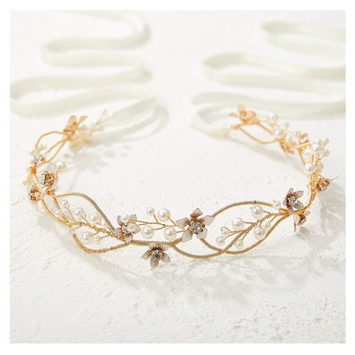 SWEETV Gold Bridal Headpiece Pearl Wedding Headband Flower Design Rhinestone Hair Accessories for Bride Bridesmaid