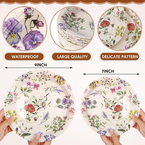Mumufy 100 Pack Wild Floral Paper Plates Wild Flower Dinner Plates and Watercolor Floral Dessert Plates Tea Party Plates for Wedding Birthday Party Baby Shower Bridal Shower Supplies(Wild Floral)