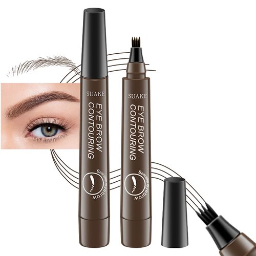 evpct SUAKE 2Pcs Dark Brown Magic Microblading Eyebrow Contouring Pen Pencil, 4 Tipped Precise Brow Pen with Sponge Micro-Fork Tips Applicator, Create Natural Looking Brows Eyebrow Makeup Long Lasting