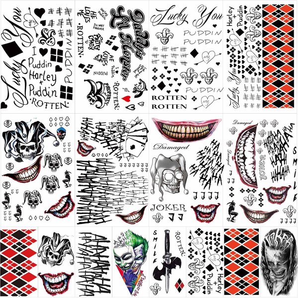 16 Sheets Halloween Temporary Tattoos for Joker, Halloween Fake Tattoos for Harley Quinn, Tattoos for Suicide Squad Perfect for Halloween, Costumes, Harley Quinn Accessories Party and Cosplay