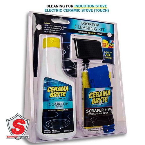 Cerama Bryte Combo Kit POW-R Grip, Scraper, Pad & Removes Tough Stains Cooktop and Stove Top Cleaner for Glass - Ceramic Surfaces, 10 Ounces, 4 Piece