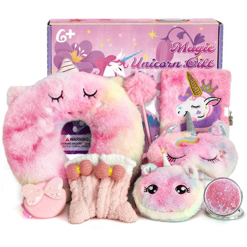 G.C Unicorn Gifts for Girls Toys 6 7 8 9 10 Year Old Kids, Tie-Dye Travel Neck Pillow Stuffed Animal/Mirror/Plush Lock Diary/Eye Mask/Crossbody Bag/Purse/Sock, Age 6-12 Teen Girl Birthday Gift Ideas