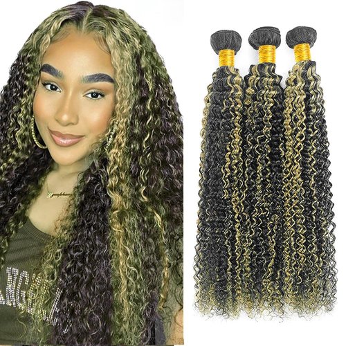 Niciitysi P1B27 Bundles Human Hair Honey Blonde Highlight Kinky Curly Bundles Highlight Bundles Human Hair Weave 14 16 18 inch Black And Honey Blonde Bundles Brazilian Virgin Remy Hair Extensions