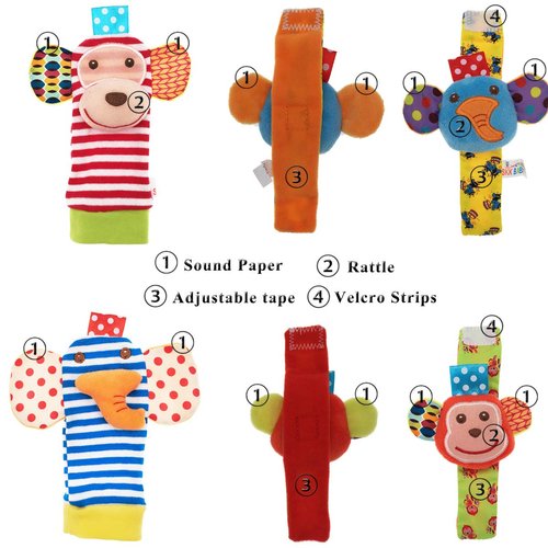 Baby Rattle,URUTOREO Baby Wrist Rattle and Foot Rattles Finder Socks Set, Developmental Soft Animal Rattles Monkey and Elephant Socks Toys Infant Baby Toys (4 Pcs)