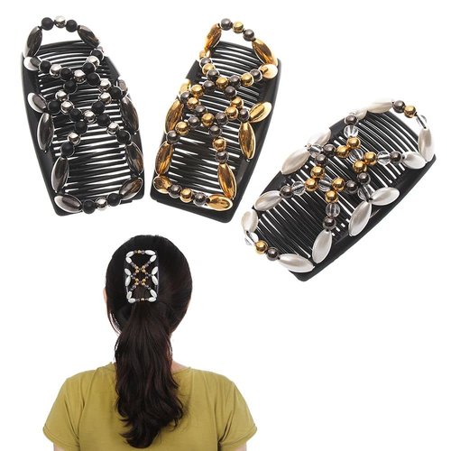 3Pcs Comb Hair Clips for Ladies Women Elastic Hairpin Stretch Double Magic Handmade Beaded Maker DIY Styling Tool 3 Colors