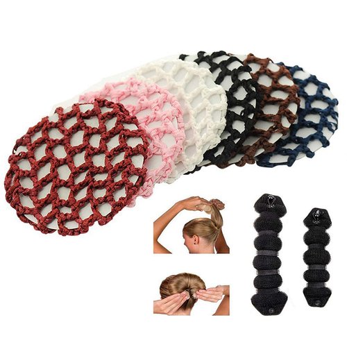 10PCS Women Mesh Bun Cover Crochet Snood Hair Net and 2PCS Magic Hair Ring Styler Maker Hot Hair Donut Bun for Ballet Dance Skating (Colorful+Black)