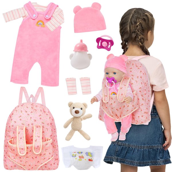 UNICORN ELEMENT Baby Doll Backpack for 14-18 Inch Doll, Doll Clothes and Accessories Set for 14-18 Inch Doll Includes Doll Clothes, Doll Feeding Set, Bear Toy.（Doll not Included）