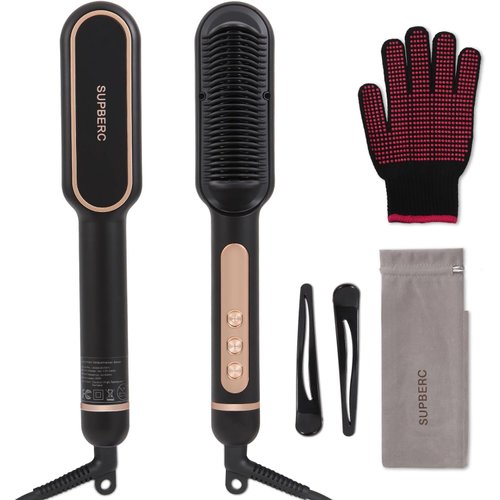 Negative Ionic Hair Straightener Brush with 9 Temp Settings, 30s Fast Heating, Hair Straightening Comb with LED Display, Anti-Scald & Auto-Shut Off Hair Straightening Iron (Black)